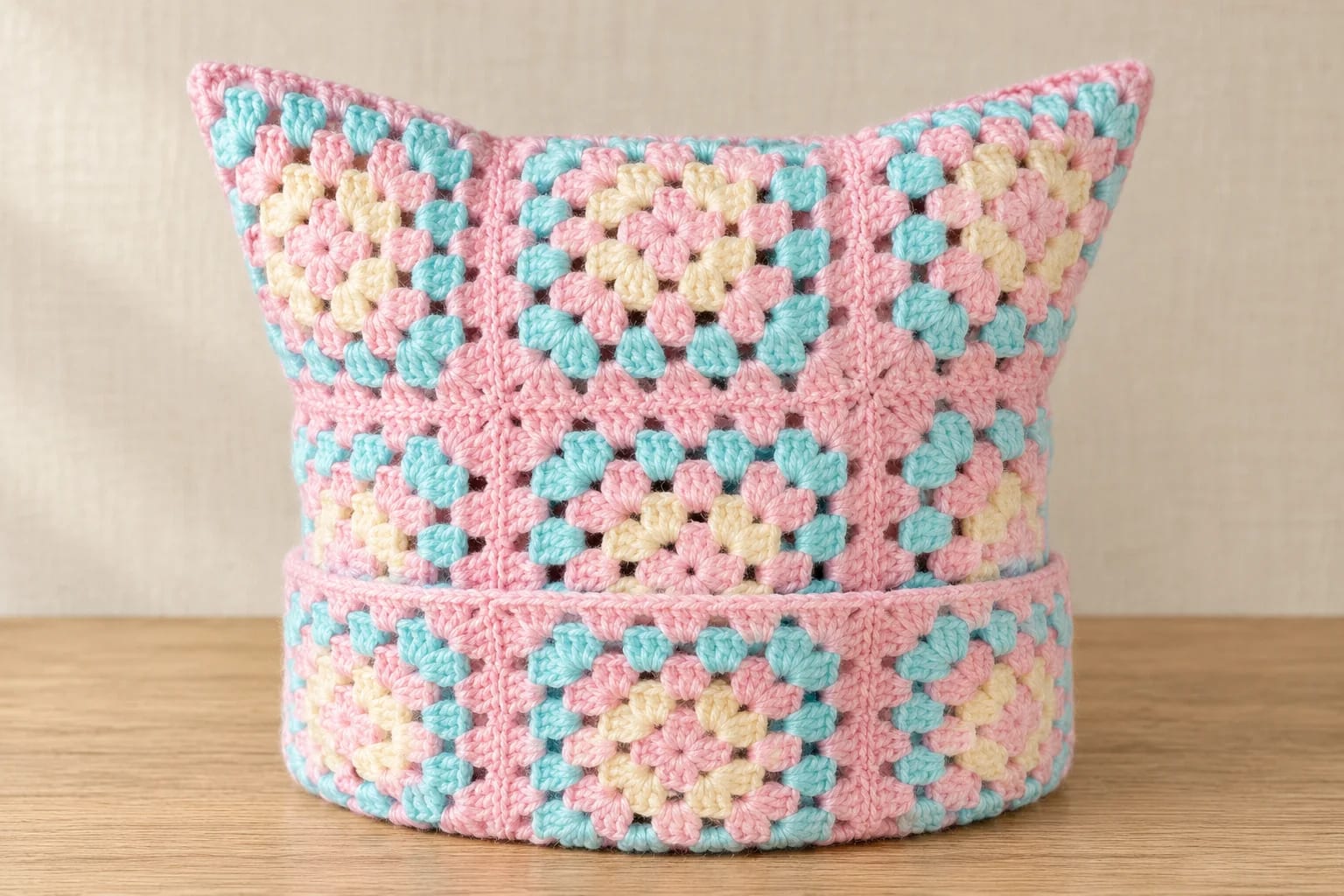 Bonnet à oreilles en granny squares rose, turquoise et crème, de face, revers en bas