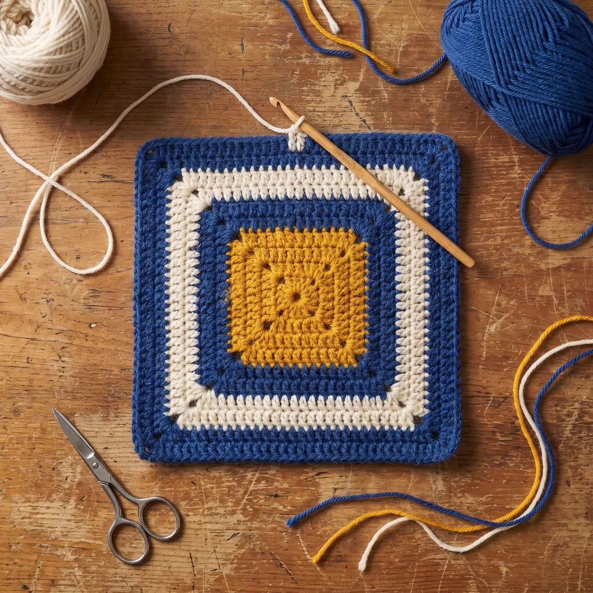 Granny square en cours de crochet sur une table en bois, avec le crochet et une pelote indigo