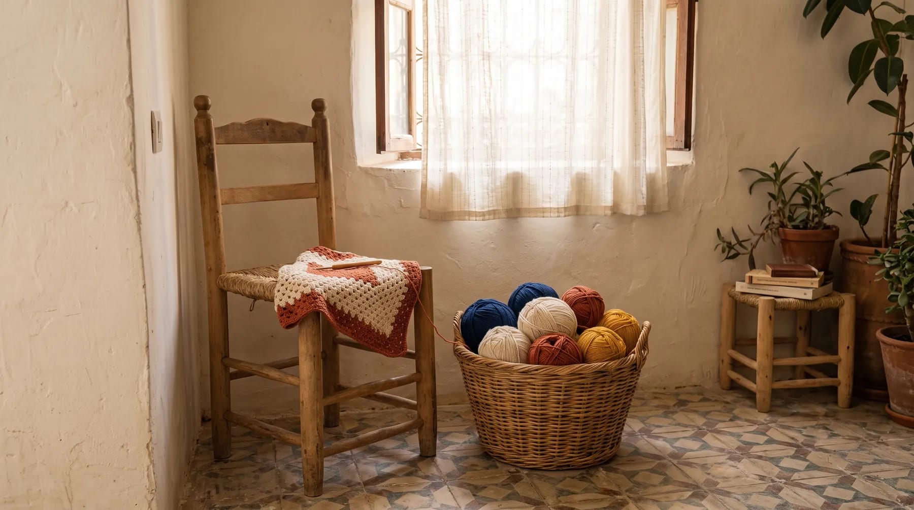 Un coin d'atelier à la maison : une chaise en bois près d'une fenêtre, un panier de pelotes et un ouvrage en cours