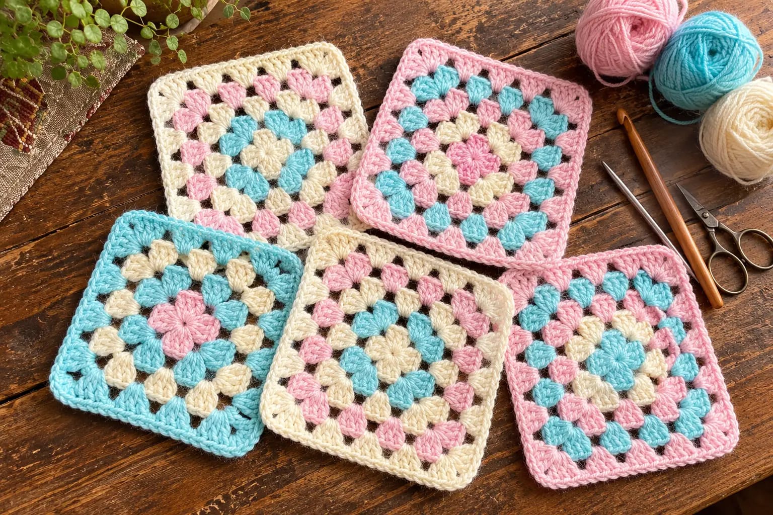 Cinq granny squares rose, turquoise et crème posés sur une table en bois, avec un crochet, des ciseaux et des pelotes