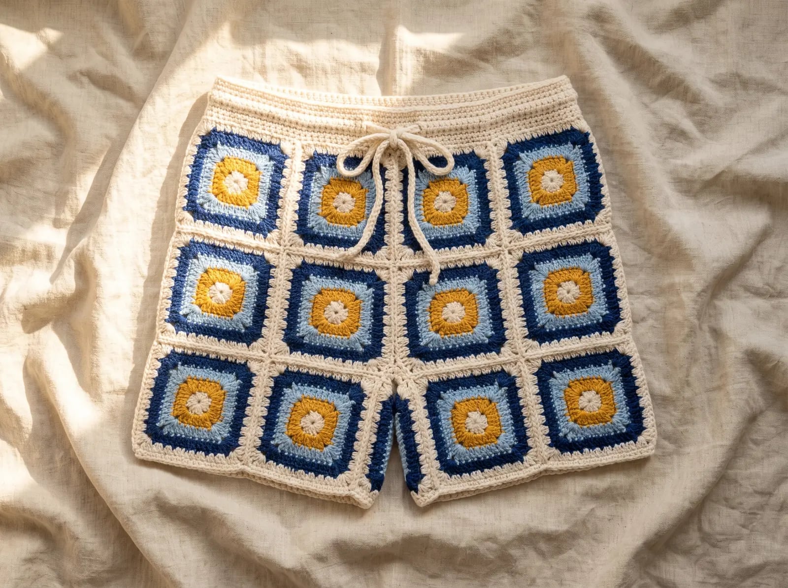Short en crochet à plat, granny squares écru, indigo et safran, sur un drap de lin