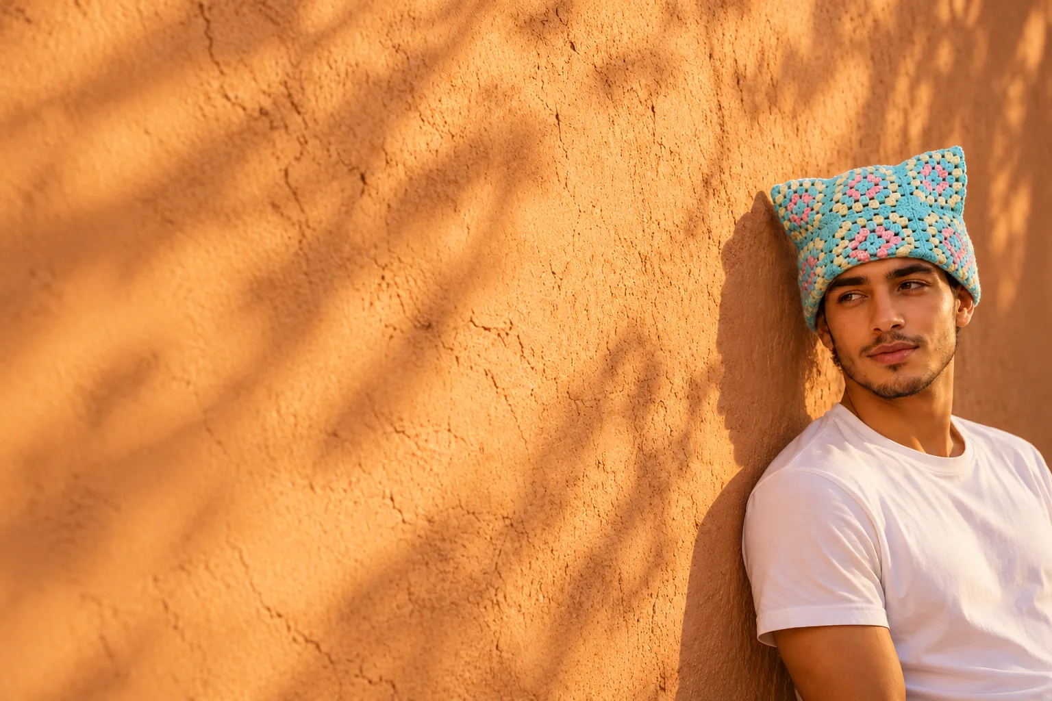 Jeune homme portant le bonnet à oreilles en granny squares turquoise, crème et rose, adossé à un mur de médina au soleil couchant